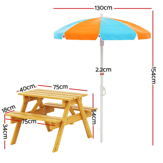 Keezi Kids Outdoor Table and Chairs Picnic Bench Seat Umbrella Children Wooden