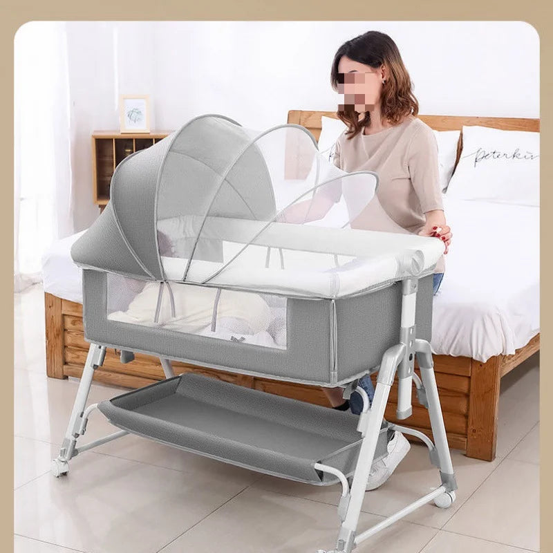 Foldable, Movable Baby, Multifunctional, Adjustable Height, Baby Crib | Pink Grey