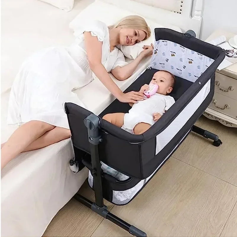 Nursery Bed with Large Storage Bag Changing Bed Height Adjustable Travel Portable Crib Newborn Baby Boys & Girls