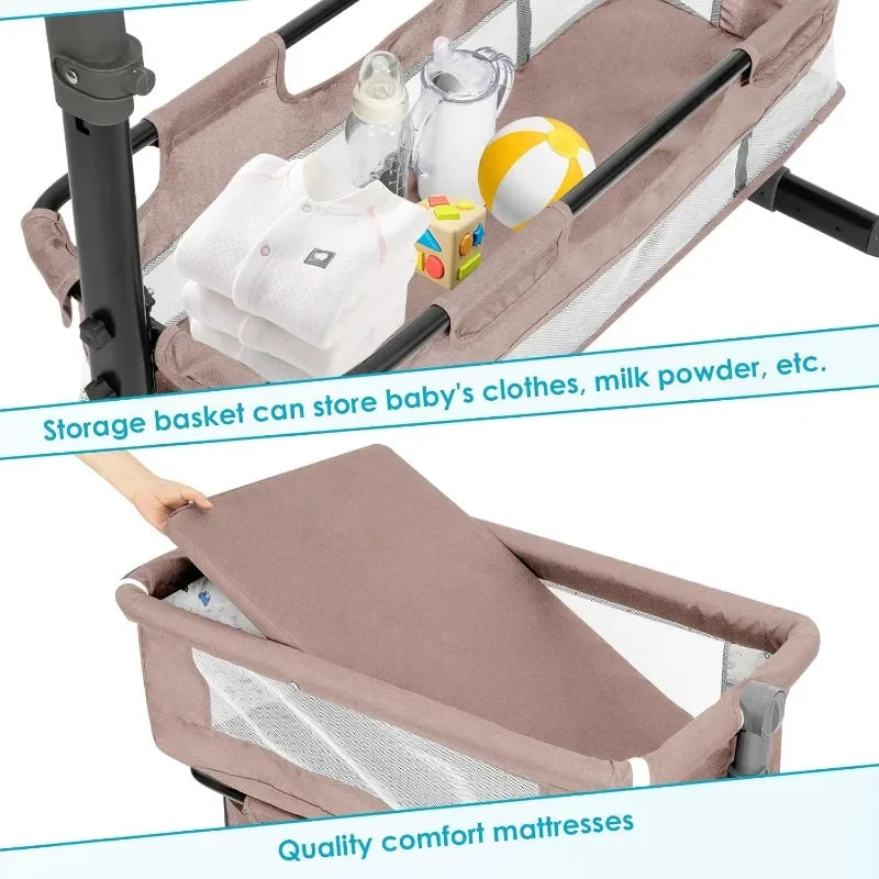 Nursery Bed with Large Storage Bag Changing Bed Height Adjustable Travel Portable Crib Newborn Baby Boys & Girls