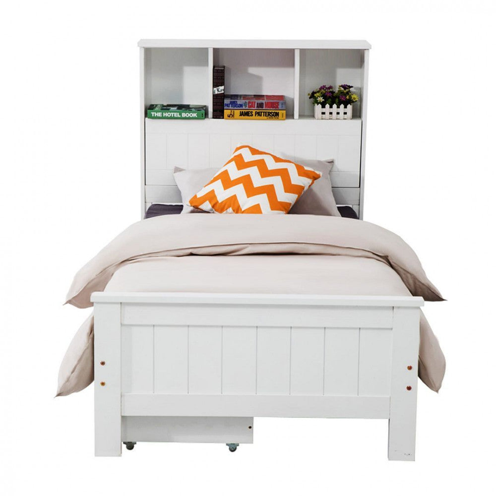 King Single Solid Pine Timber Bed Frame with Bookshelf Storage Headboard- White