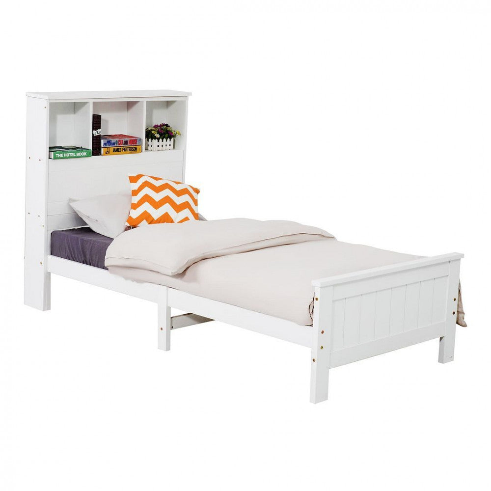 King Single Solid Pine Timber Bed Frame with Bookshelf Storage Headboard- White